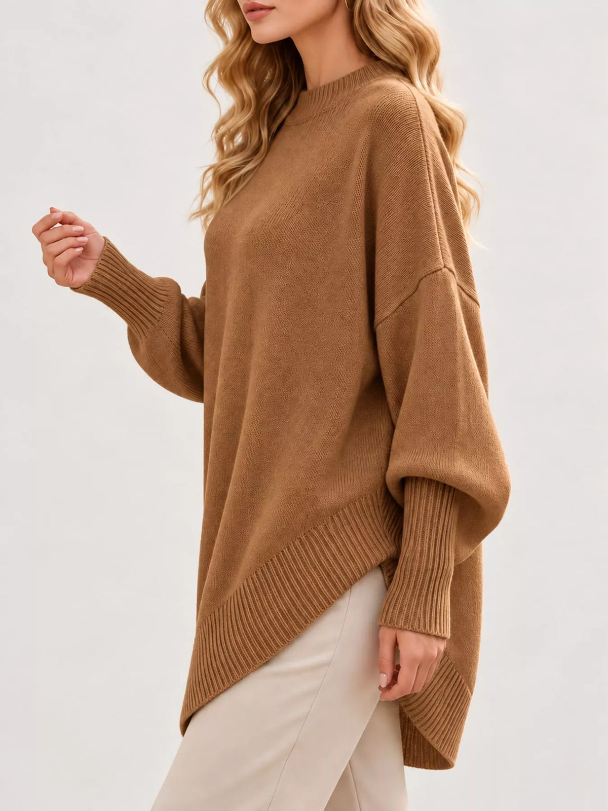 full size ribbed knit dropped shoulder sweater plus | dropsona - neutral - front view