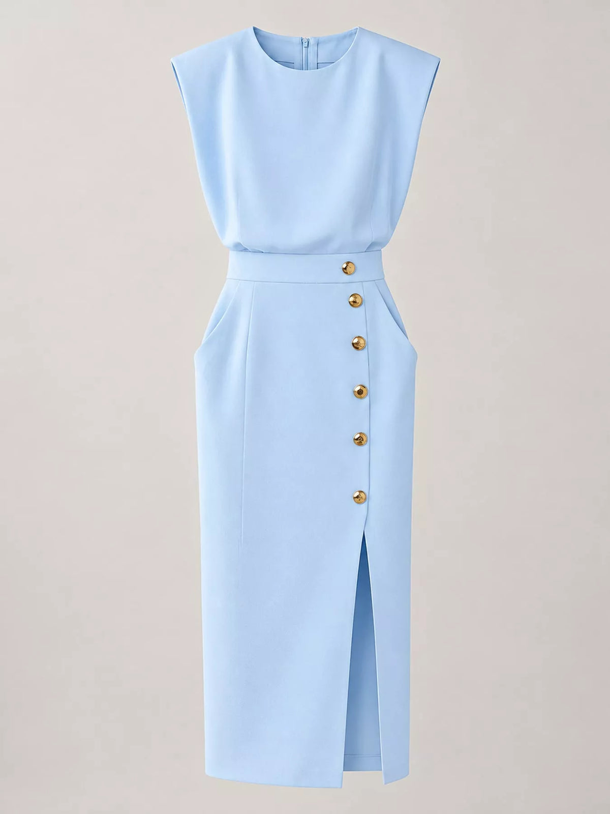 sleeveless midi dress with gold button detail and | dropsona - neutral - size reference