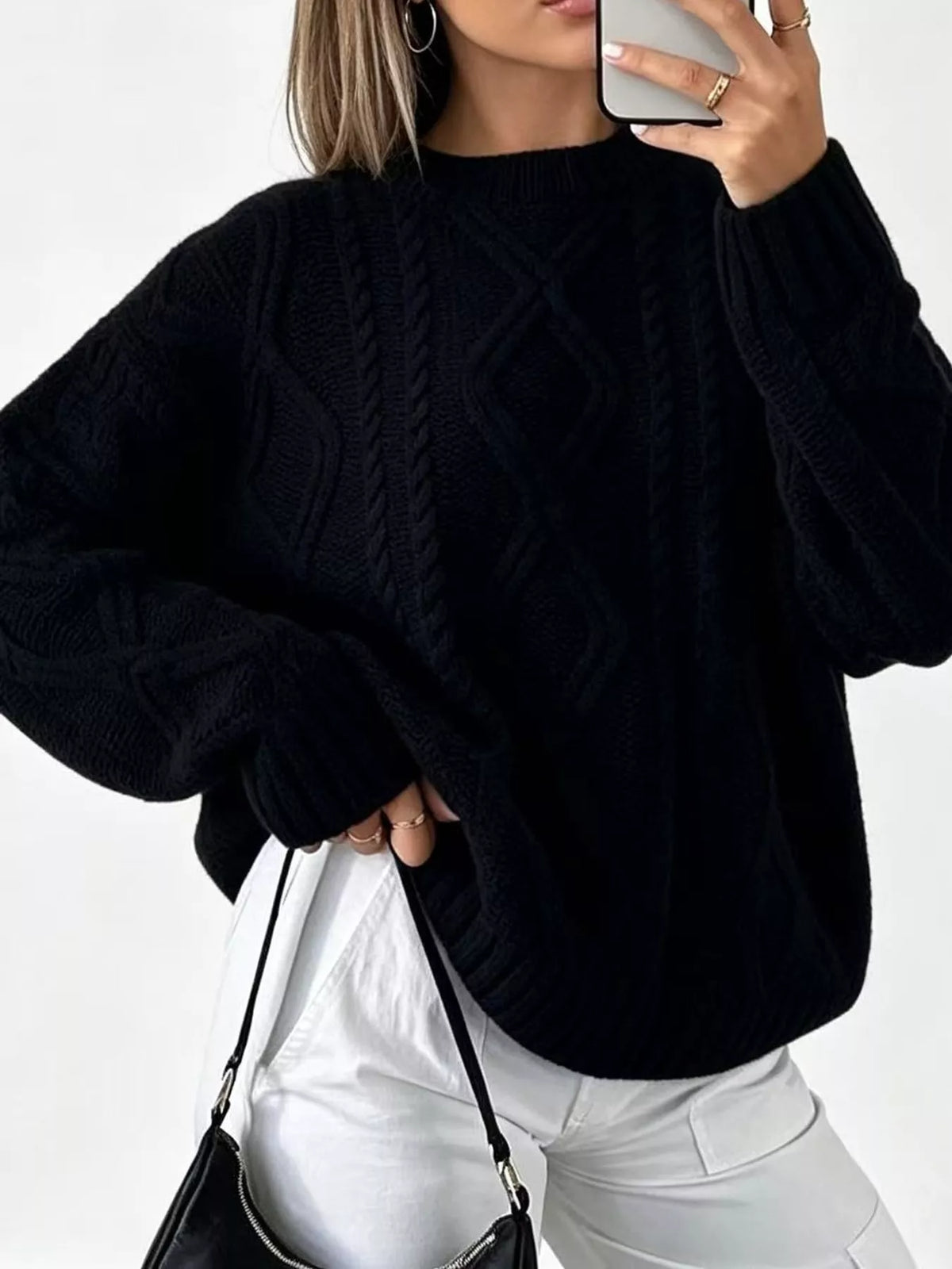 full size cable-knit round neck sweater plus | dropsona - neutral - close-up detail