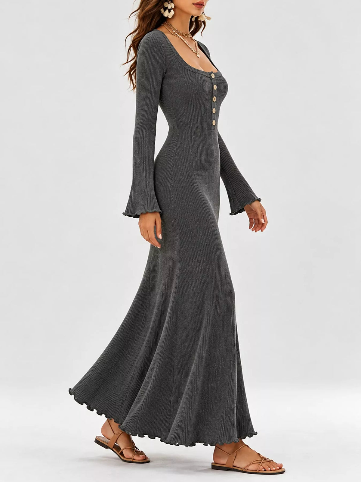 button-front ribbed knit maxi dress | dropsona - neutral - packaging