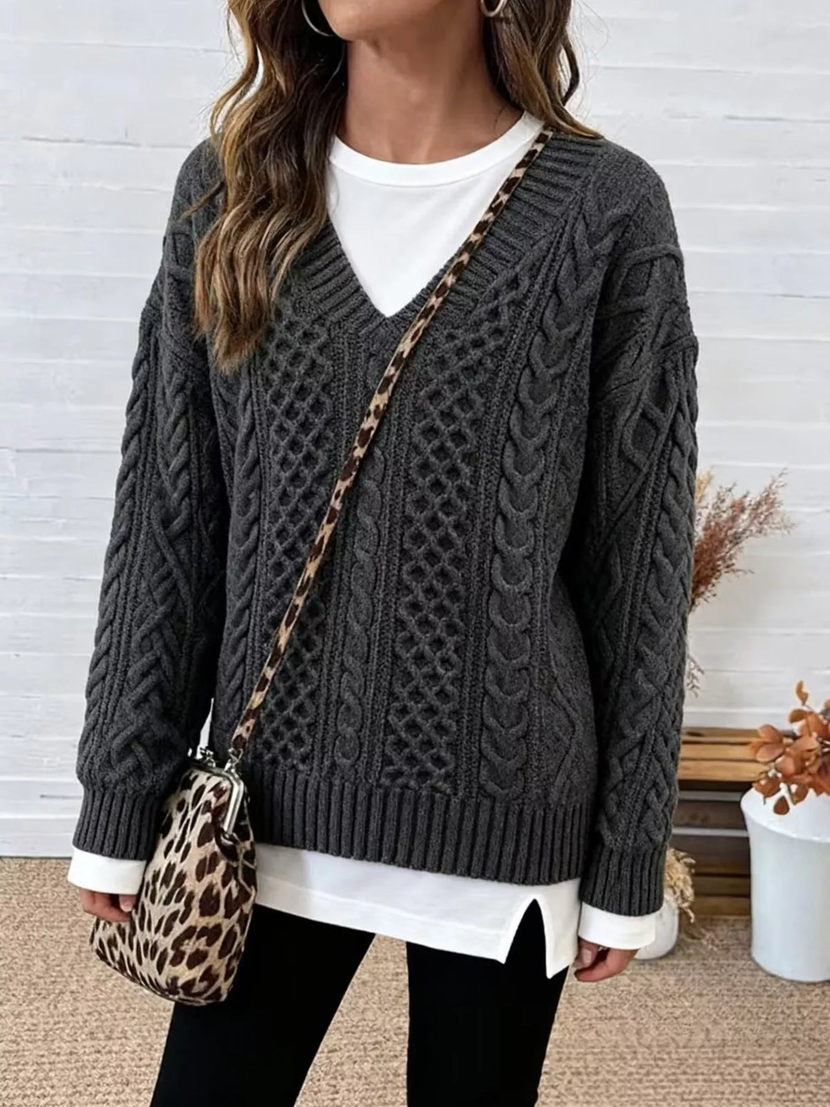 full size cable knit dropped shoulder sweater plus | dropsona - neutral - close-up detail