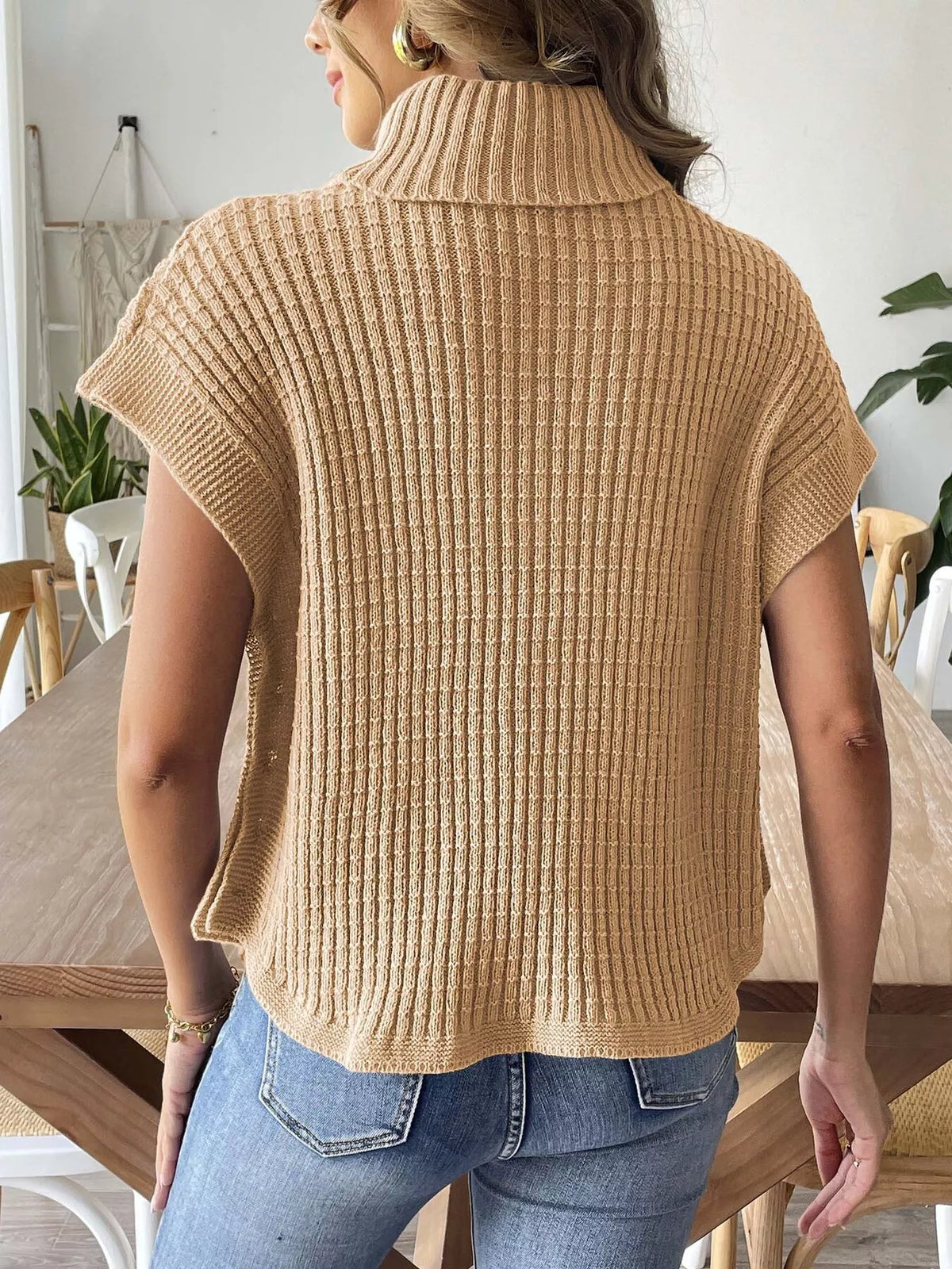 ribbed turtleneck sweater with side button detail | dropsona - neutral - material texture