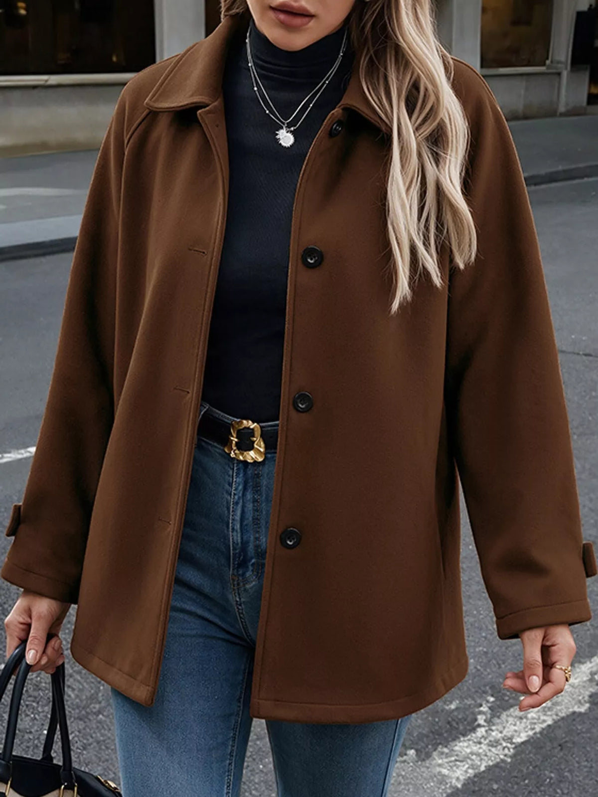 button up raglan sleeve coat – buttoned,thermal fit | dropsona - neutral - front view