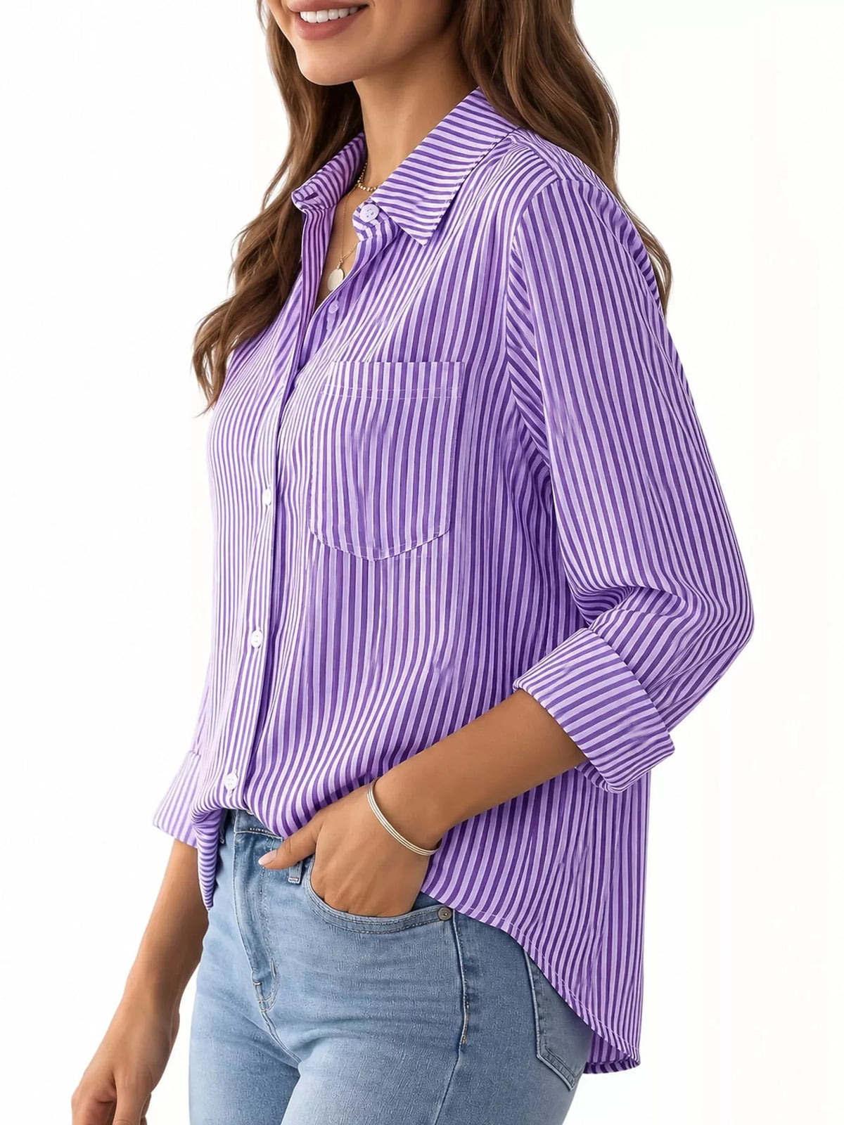 full size striped button-down long sleeve shirt plus | dropsona - neutral - size reference