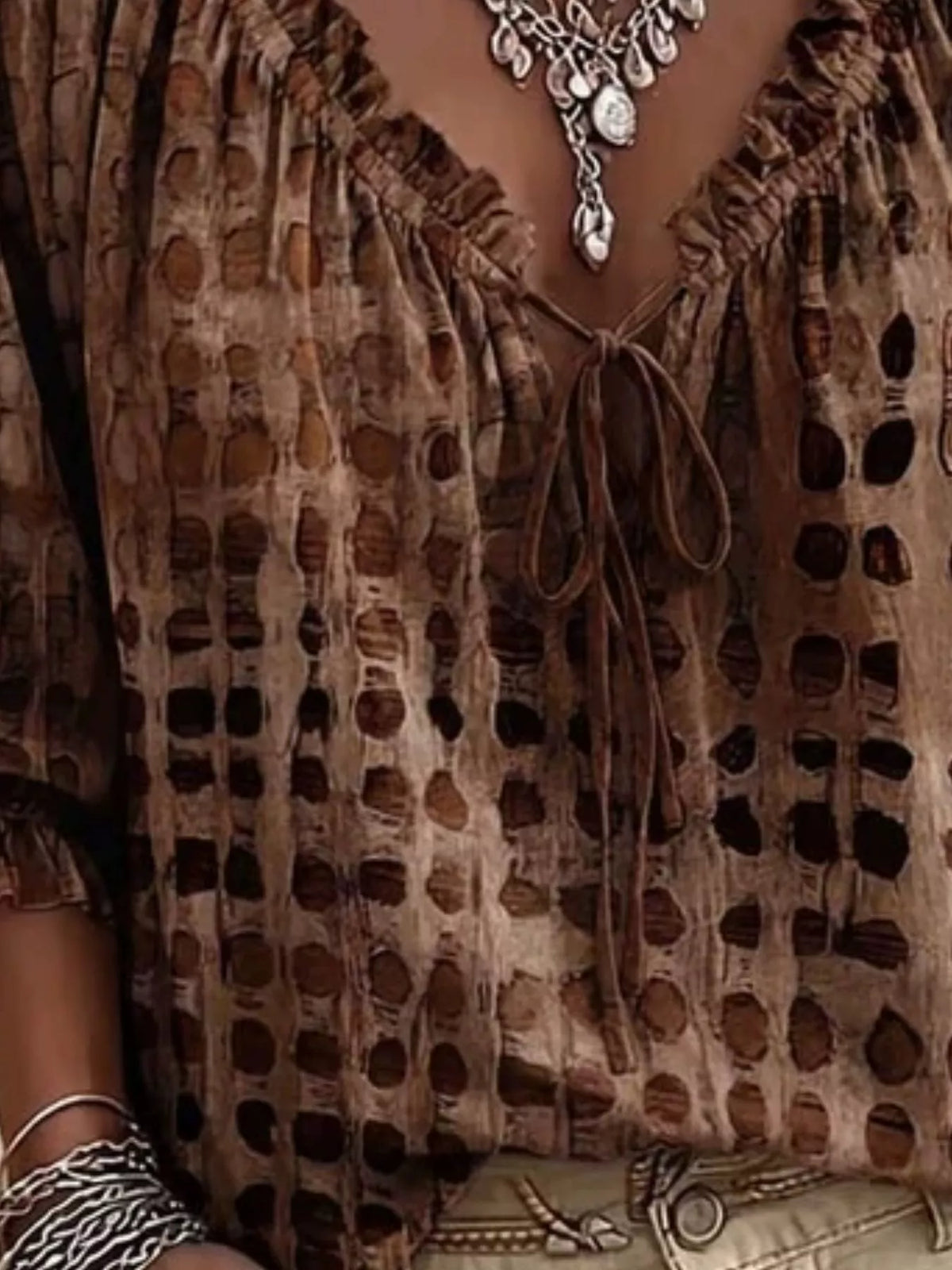 full size tie neck 3/4 sleeve blouse plus | dropsona - neutral - front view