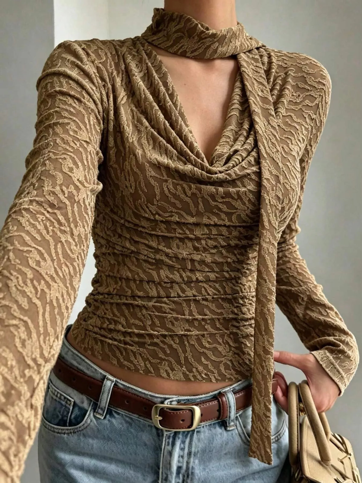textured cowl neck long sleeve blouse with scarf | dropsona - neutral - material texture