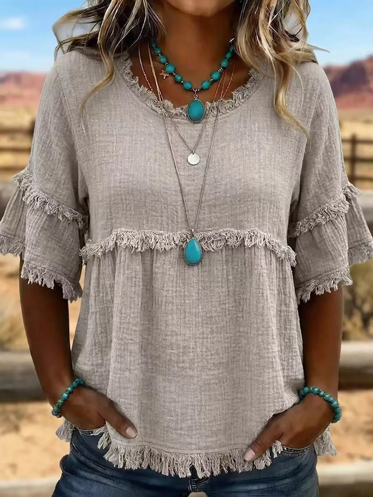 full size frayed edge textured blouse plus | dropsona - neutral - usage example