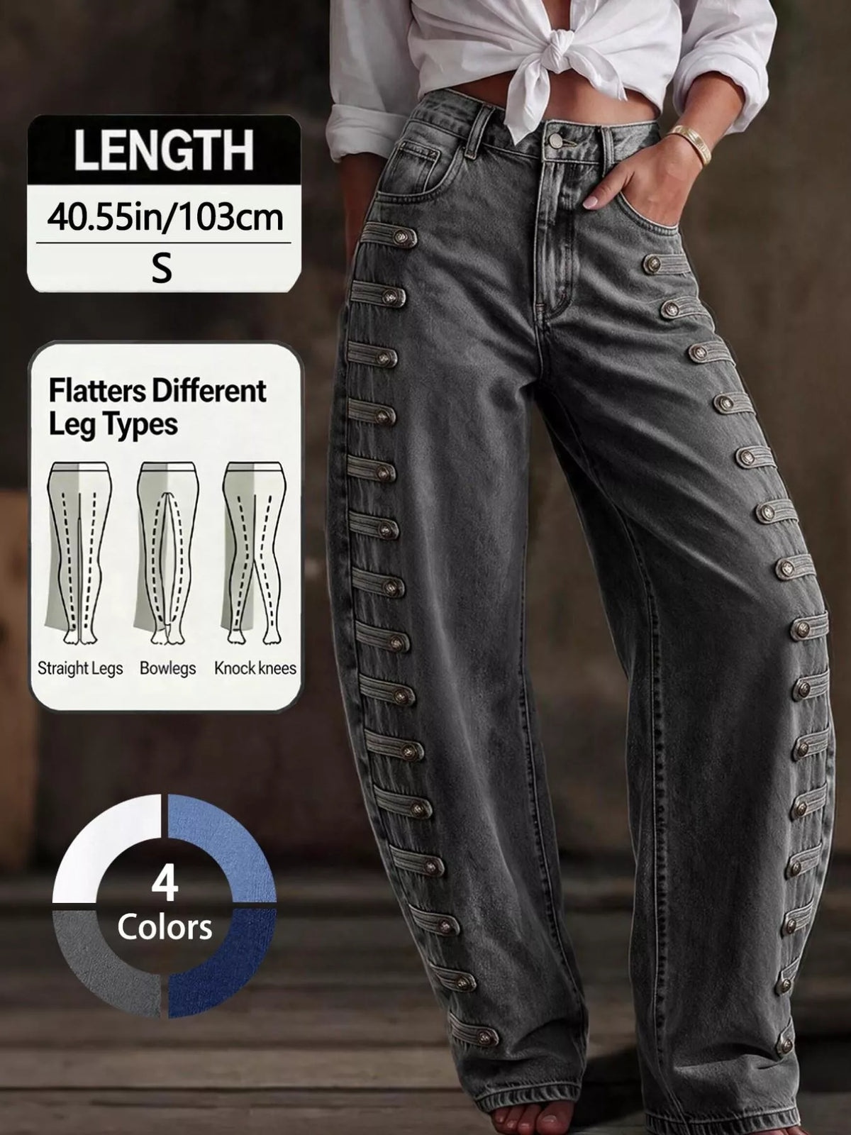 decorative button wide leg jeans – buttoned,pocketed | dropsona - neutral - material texture