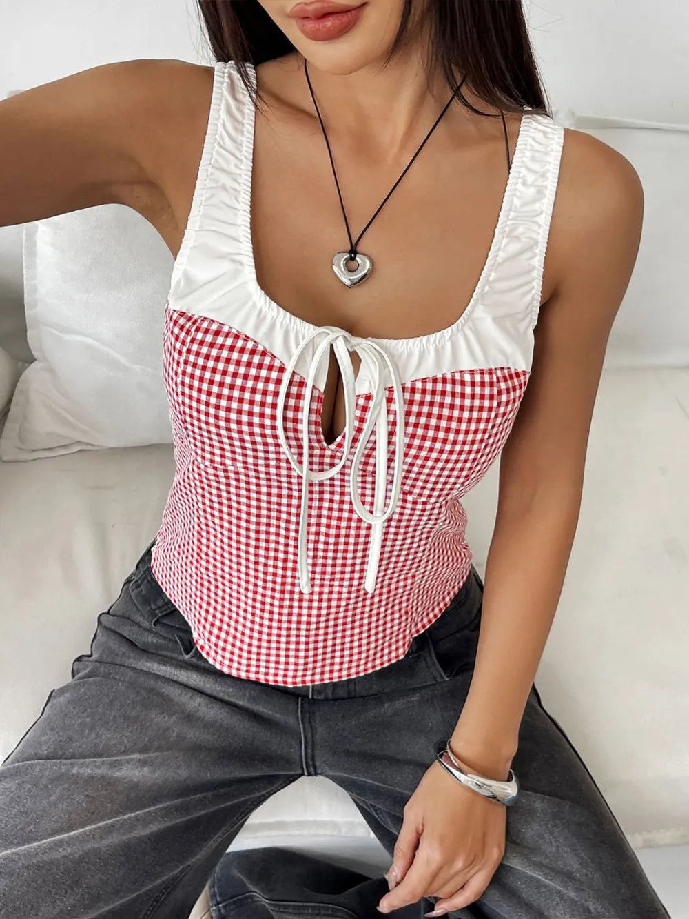 perfee contrast plaid square neck tank - material texture