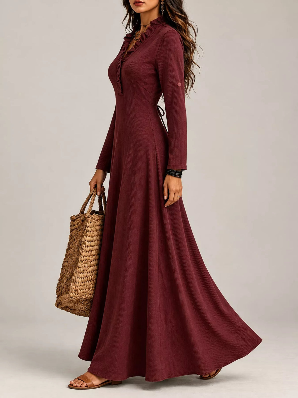 full size frill roll-up sleeve maxi dress plus | dropsona - neutral - close-up detail