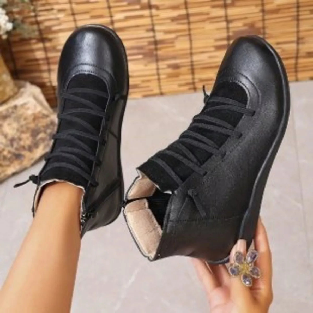 round toe lace up boots – classy ballet flats | dropsona - neutral - material texture