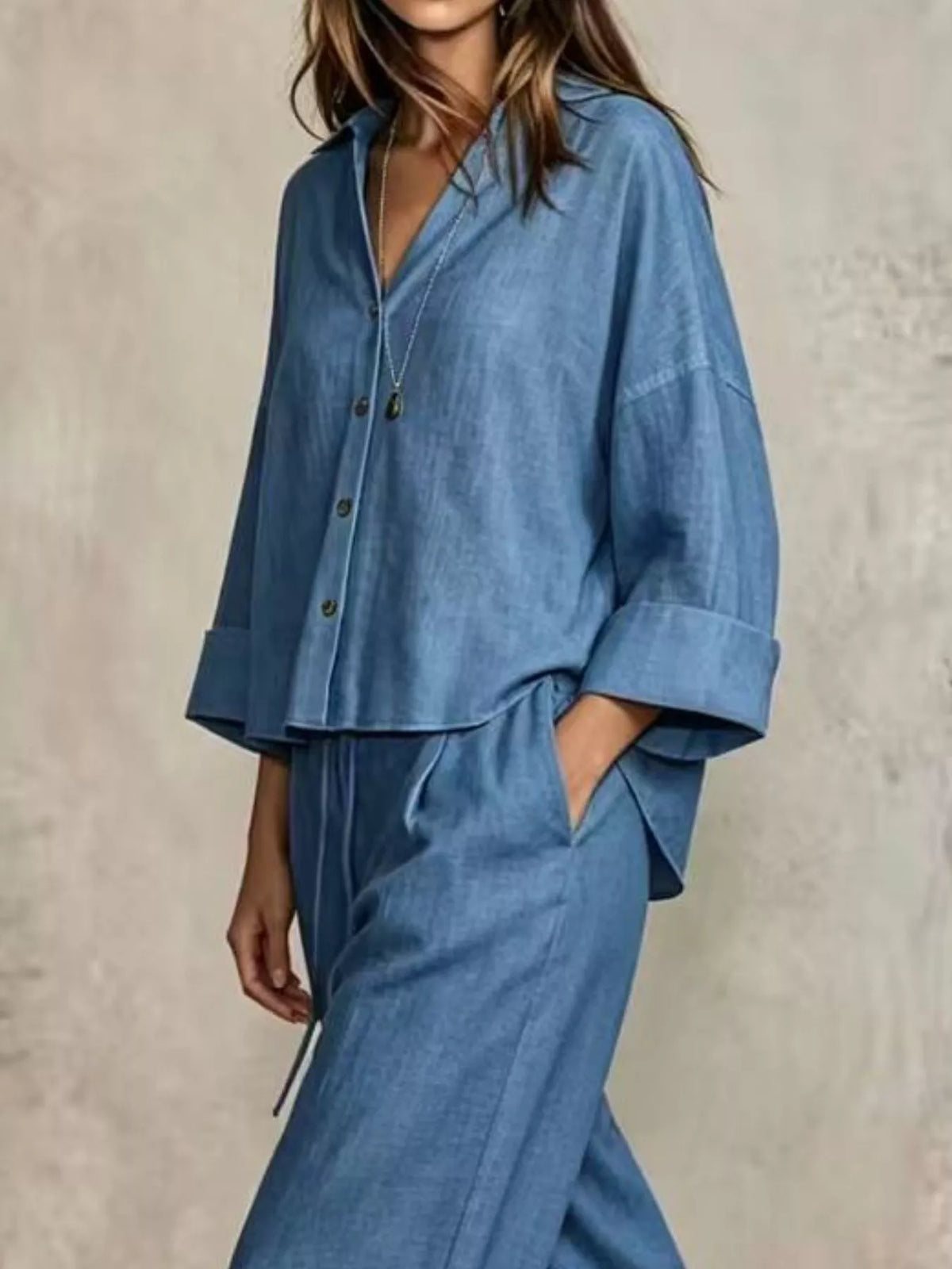 full size button-down shirt and wide-leg pants set | dropsona - neutral - front view