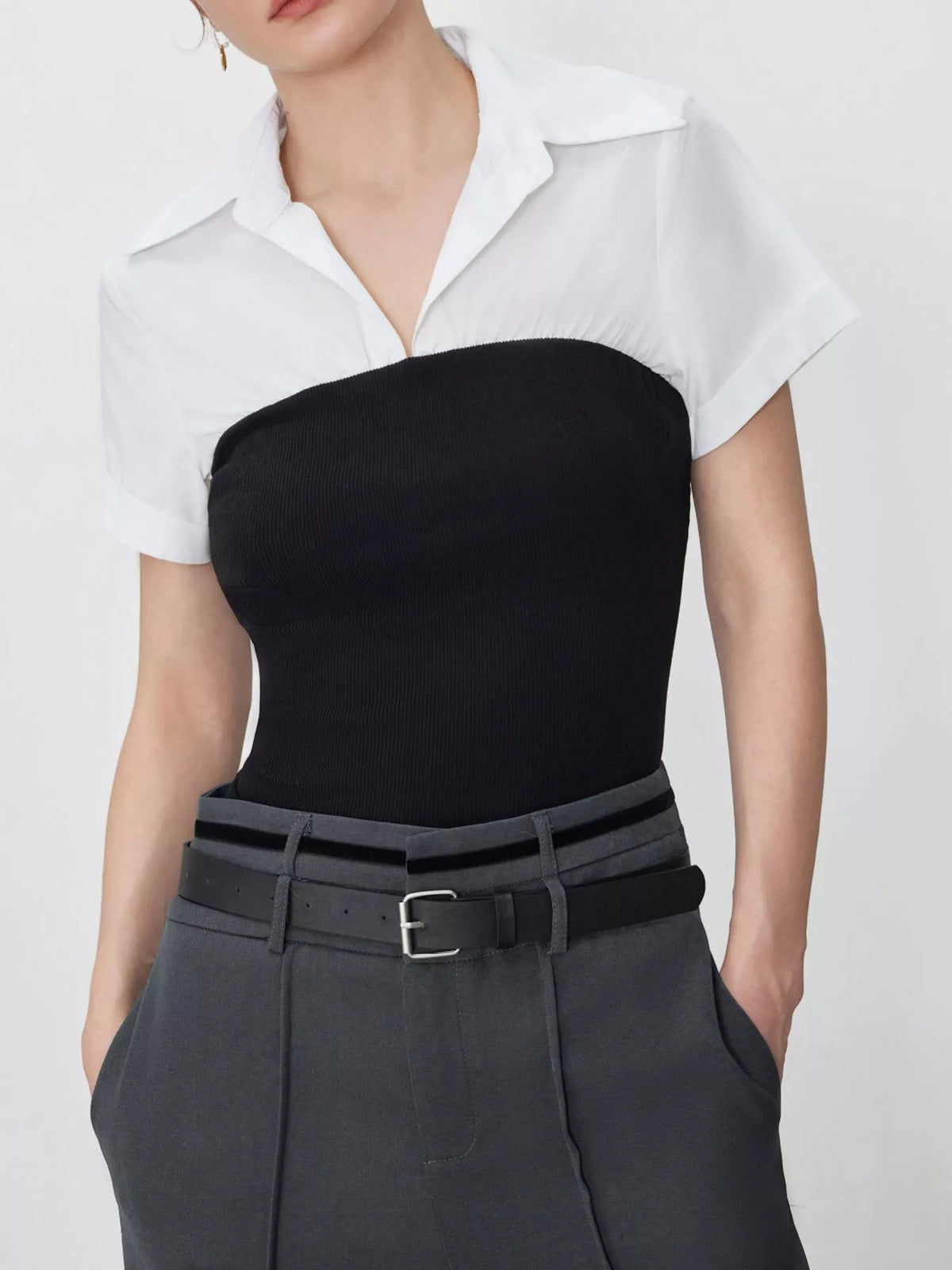 color-block short sleeve blouse | dropsona polyester 100% - neutral - everyday use