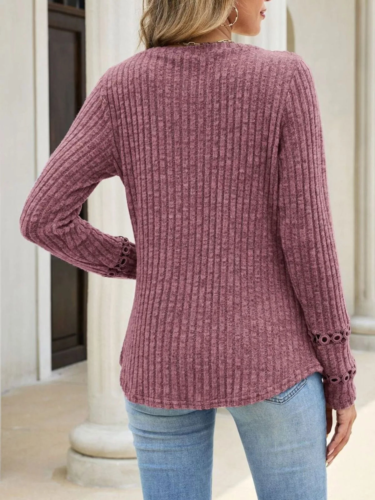 v-neck ribbed knit top with eyelet cuff detail | dropsona - neutral - packaging