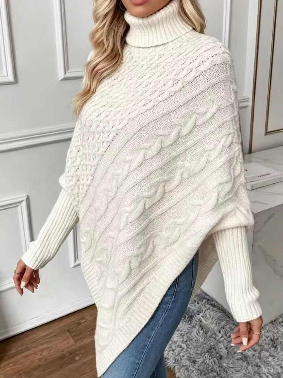 turtleneck cable knit sweater | dropsona - neutral - front view