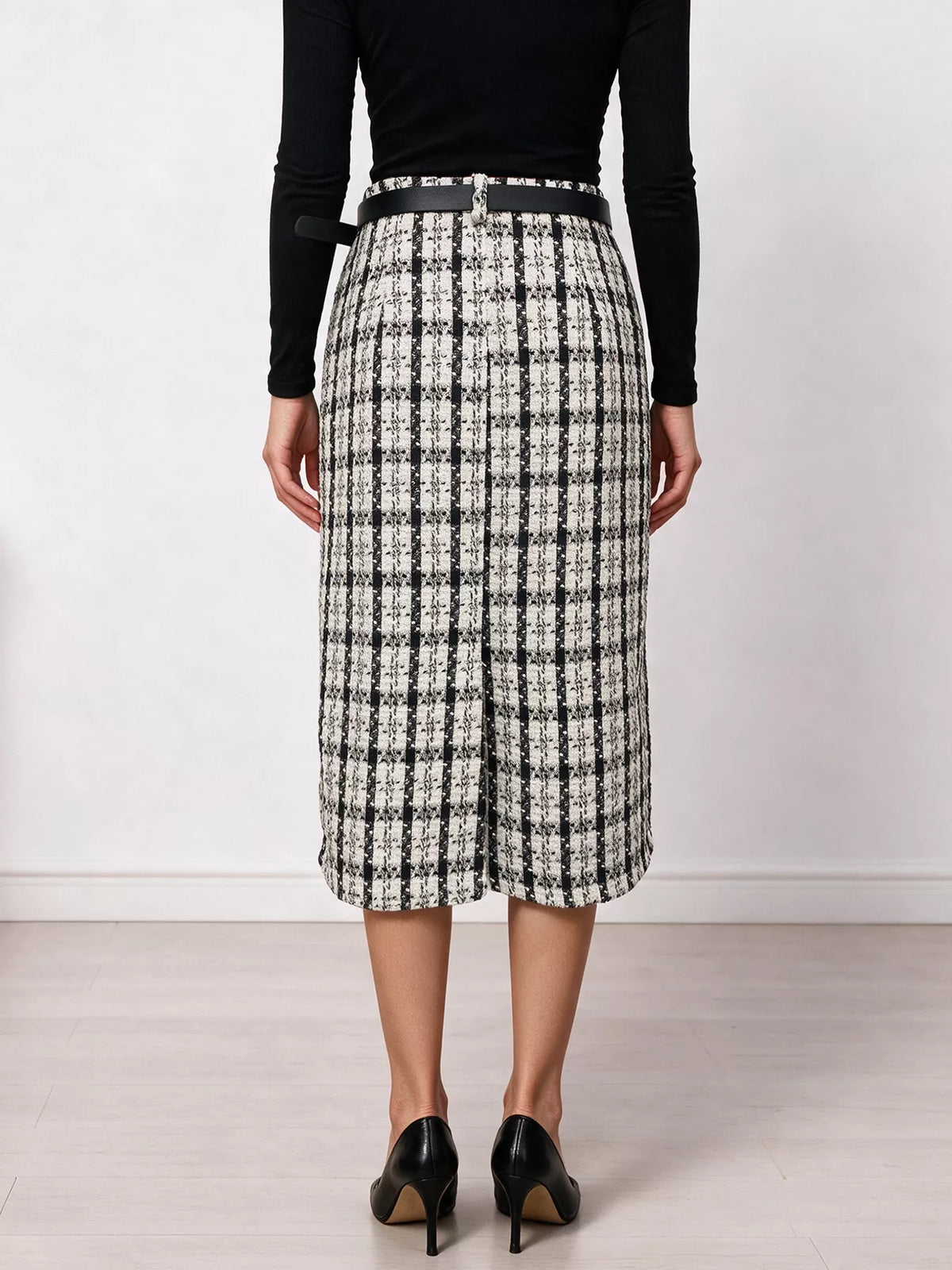 high-waisted tweed plaid midi skirt | dropsona - neutral - packaging
