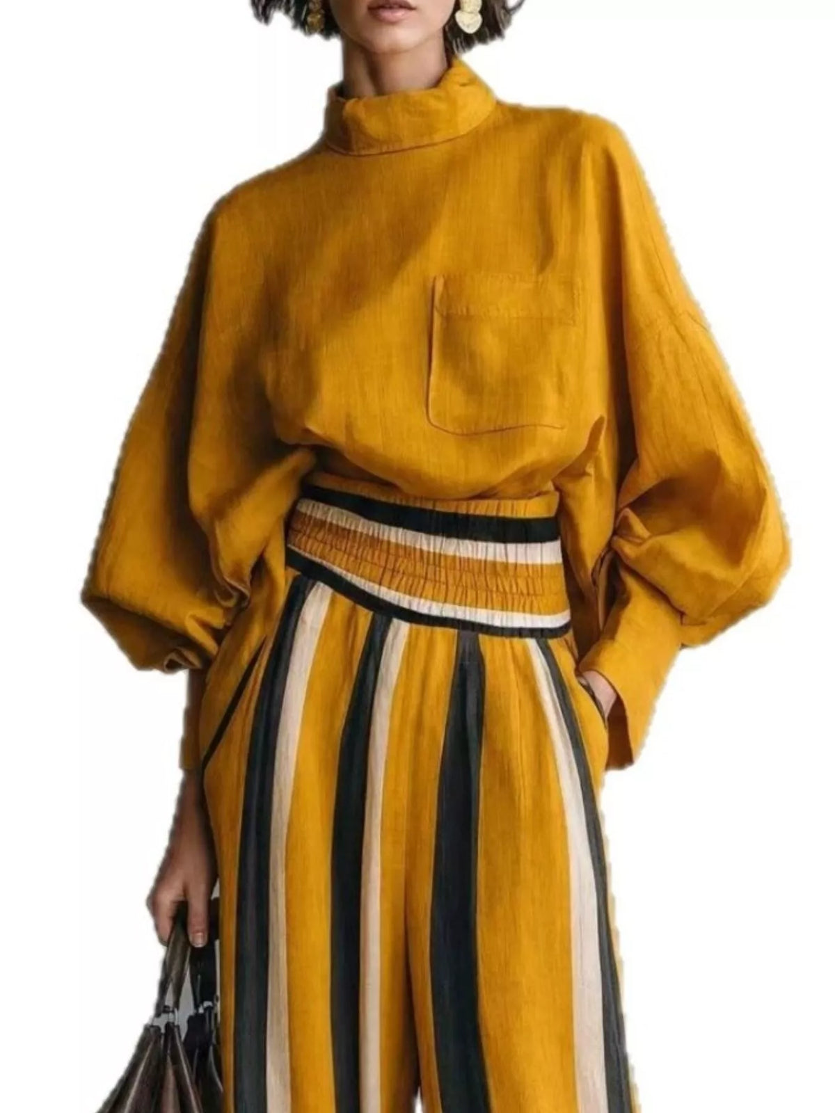 full size mock-neck blouse and striped wide-leg | dropsona - neutral - usage example