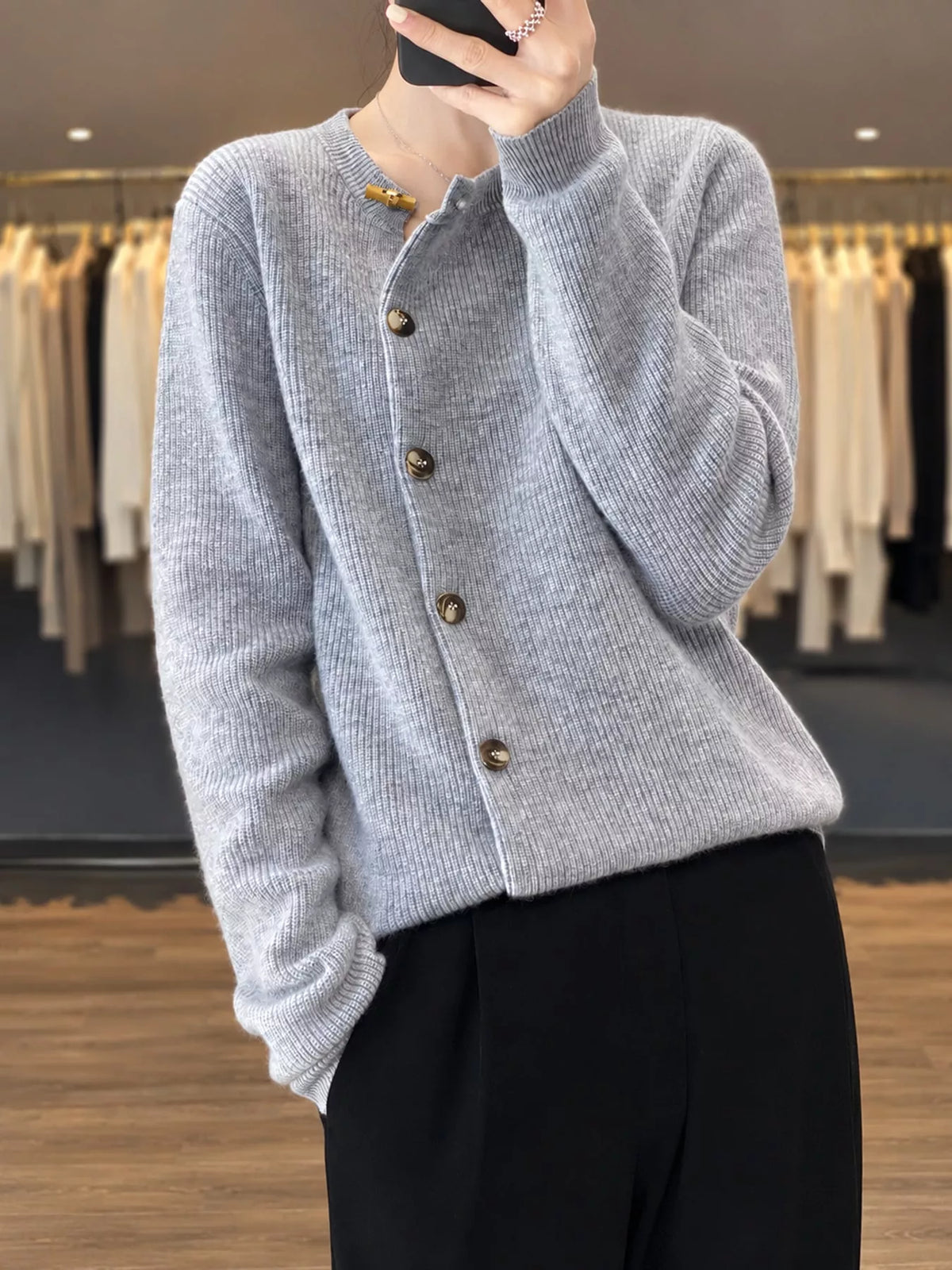 ribbed knit asymmetrical button cardigan | dropsona - neutral - packaging