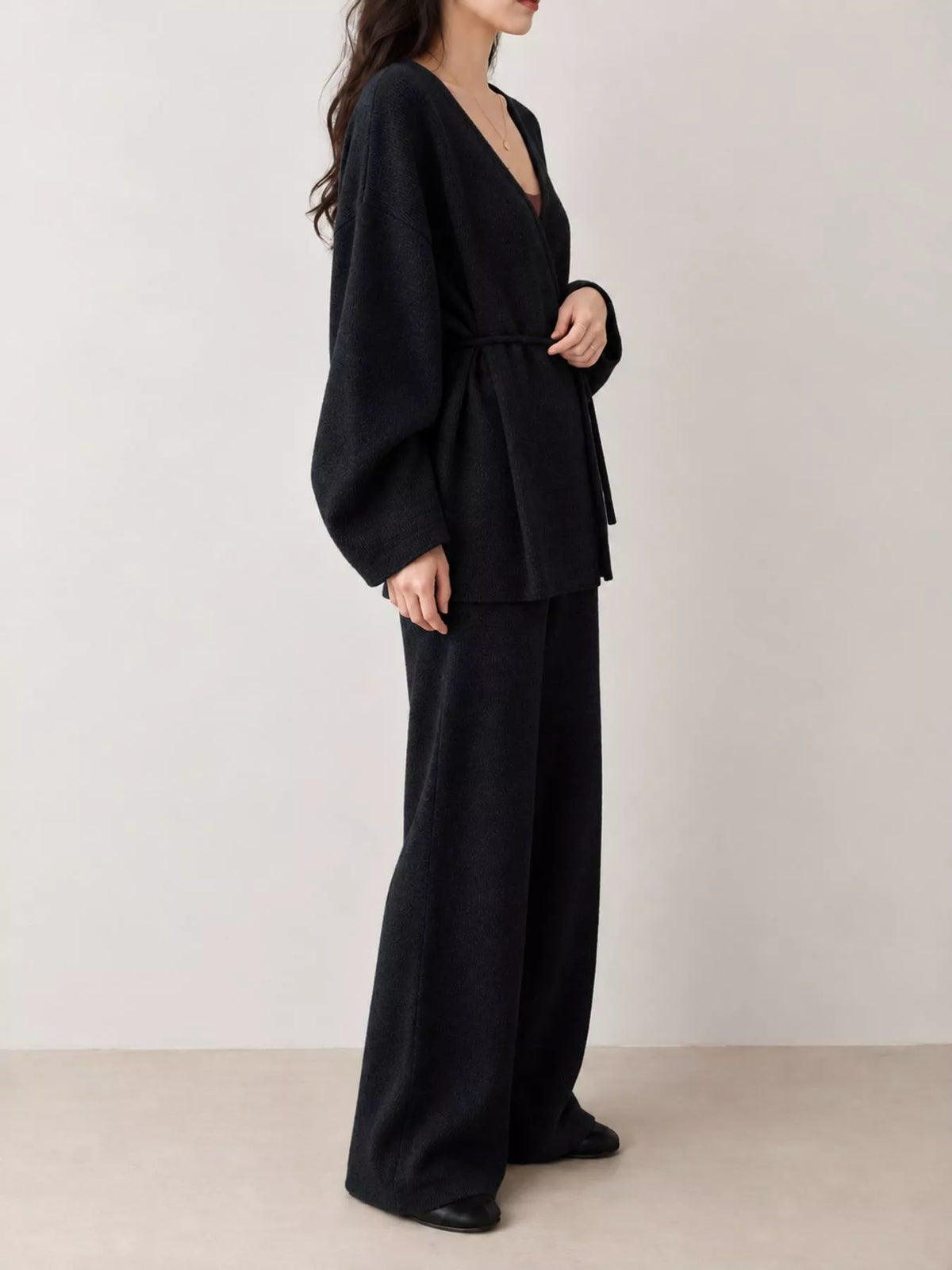v-neck tied wrap cardigan and wide-leg pants sweater | dropsona - neutral - material texture