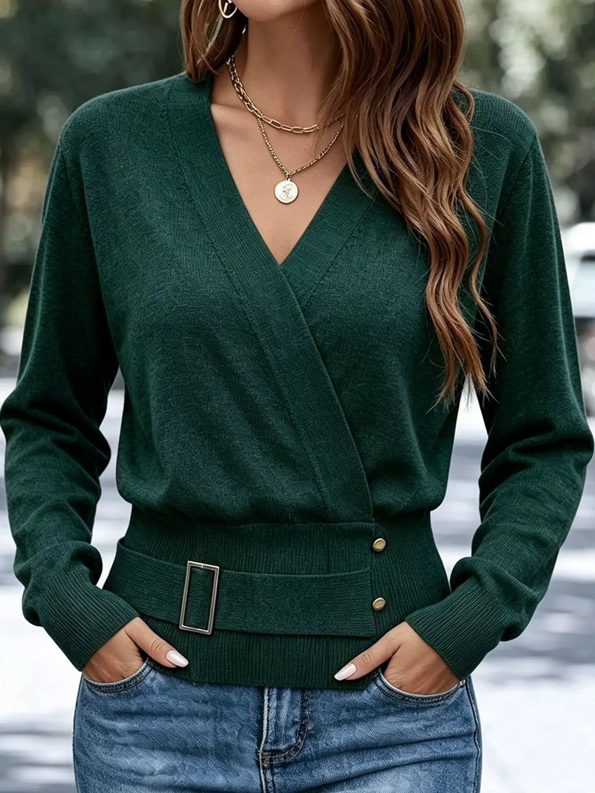 surplice elastic waist long sleeve knit top | dropsona - neutral - material texture