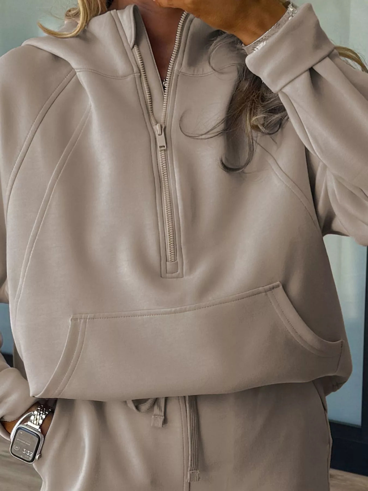 half zip long sleeve hoodie and pants 2pcs outfit | dropsona - neutral - close-up detail
