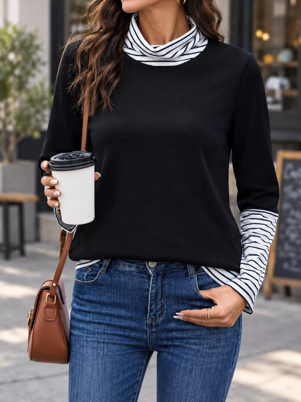 layered look mock neck striped trim long sleeve blouse | dropsona - neutral - material texture