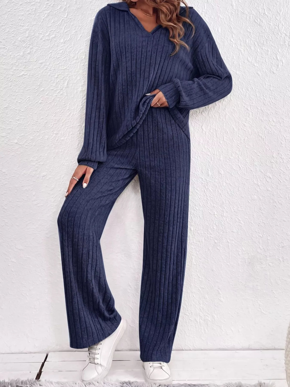 ribbed knit collared top and wide leg pants set | dropsona - neutral - front view