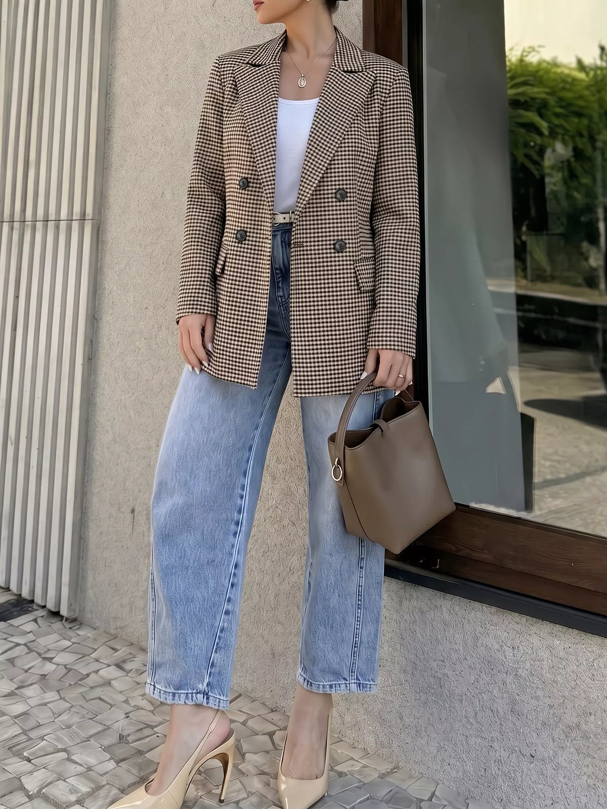 plaid lapel collar double-breasted blazer | dropsona - neutral - material texture
