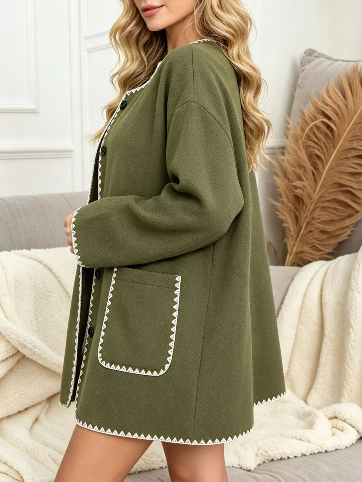 contrast trim button-front outerwear | dropsona - neutral - front view