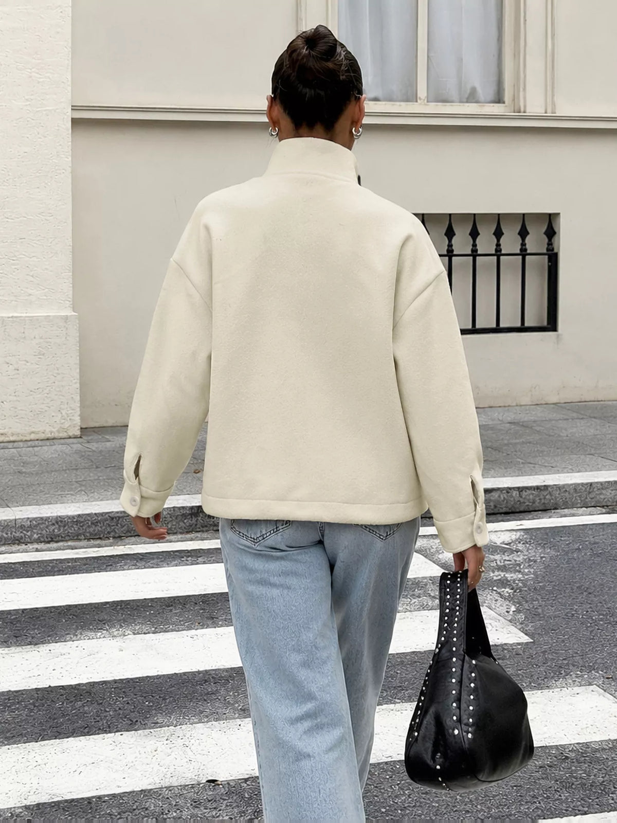 frog button dropped shoulder jacket – buttoned | dropsona - neutral - close-up detail