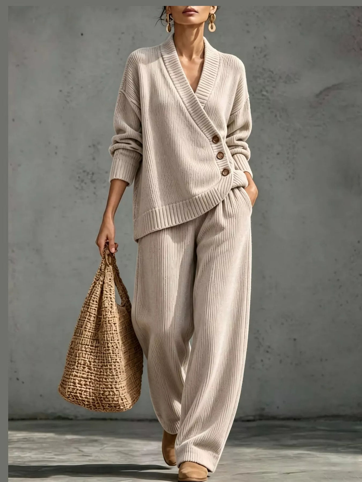 full size elegant v-neck wrap sweater and wide-leg | dropsona - neutral - everyday use