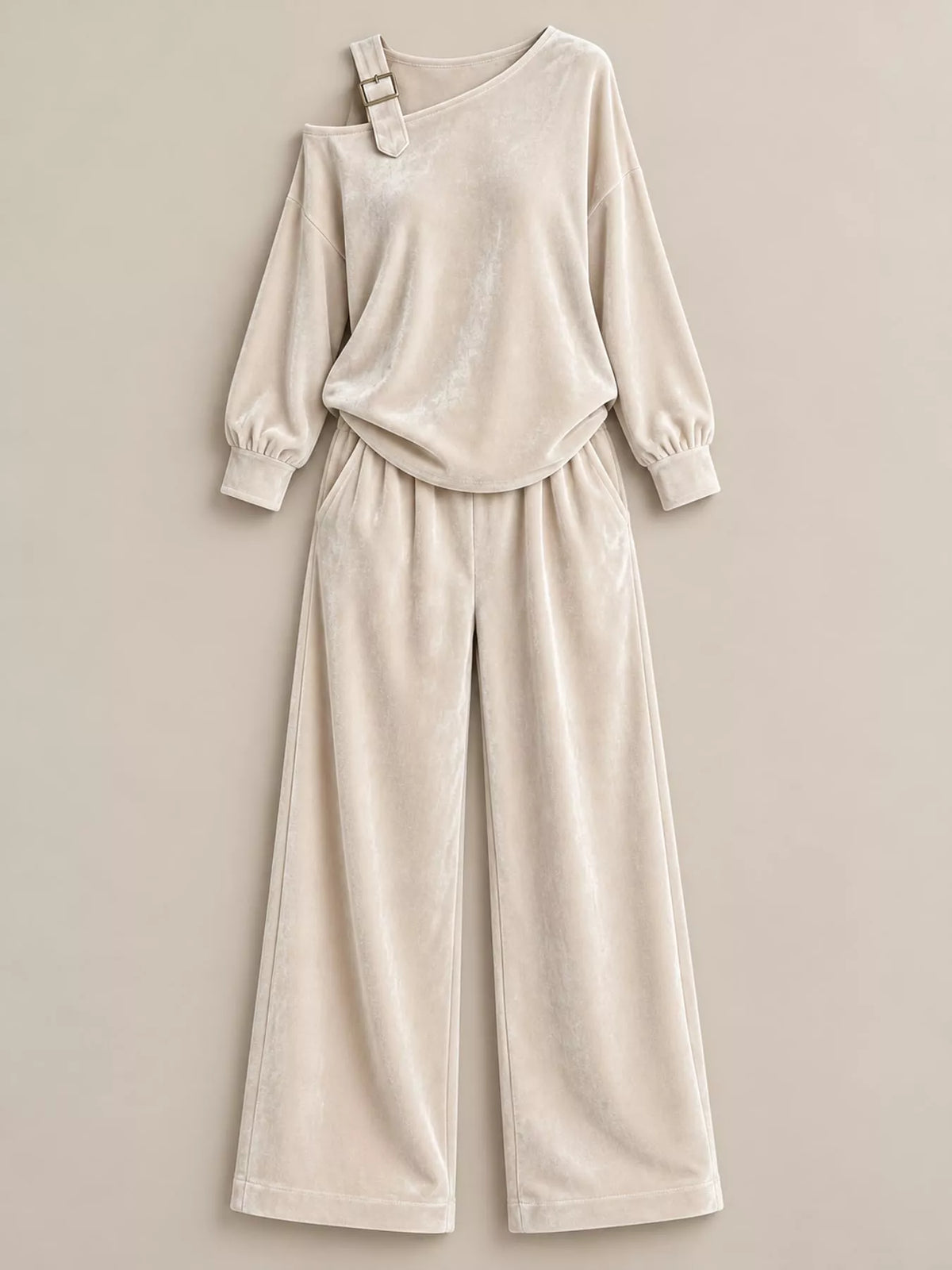 asymmetrical neck top and pants set | dropsona - neutral - material texture