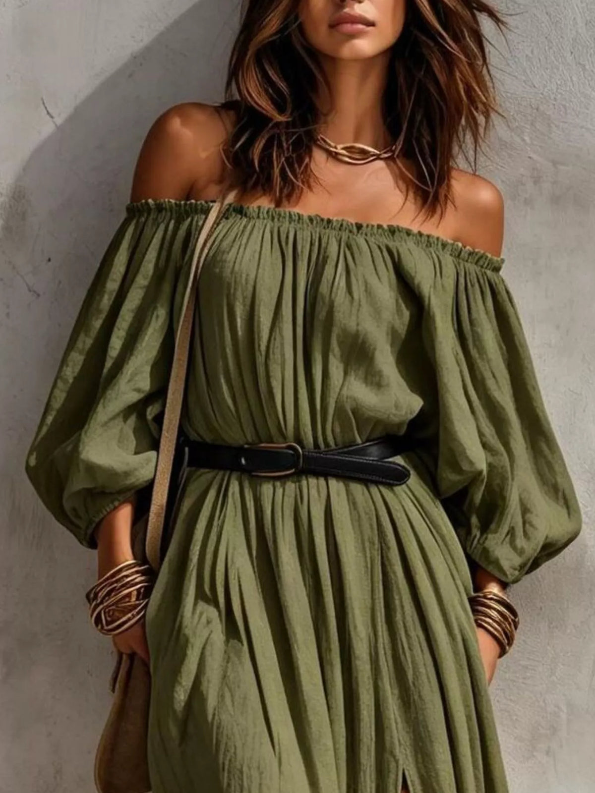 boho off-shoulder maxi dress with side slit | dropsona - neutral - front view