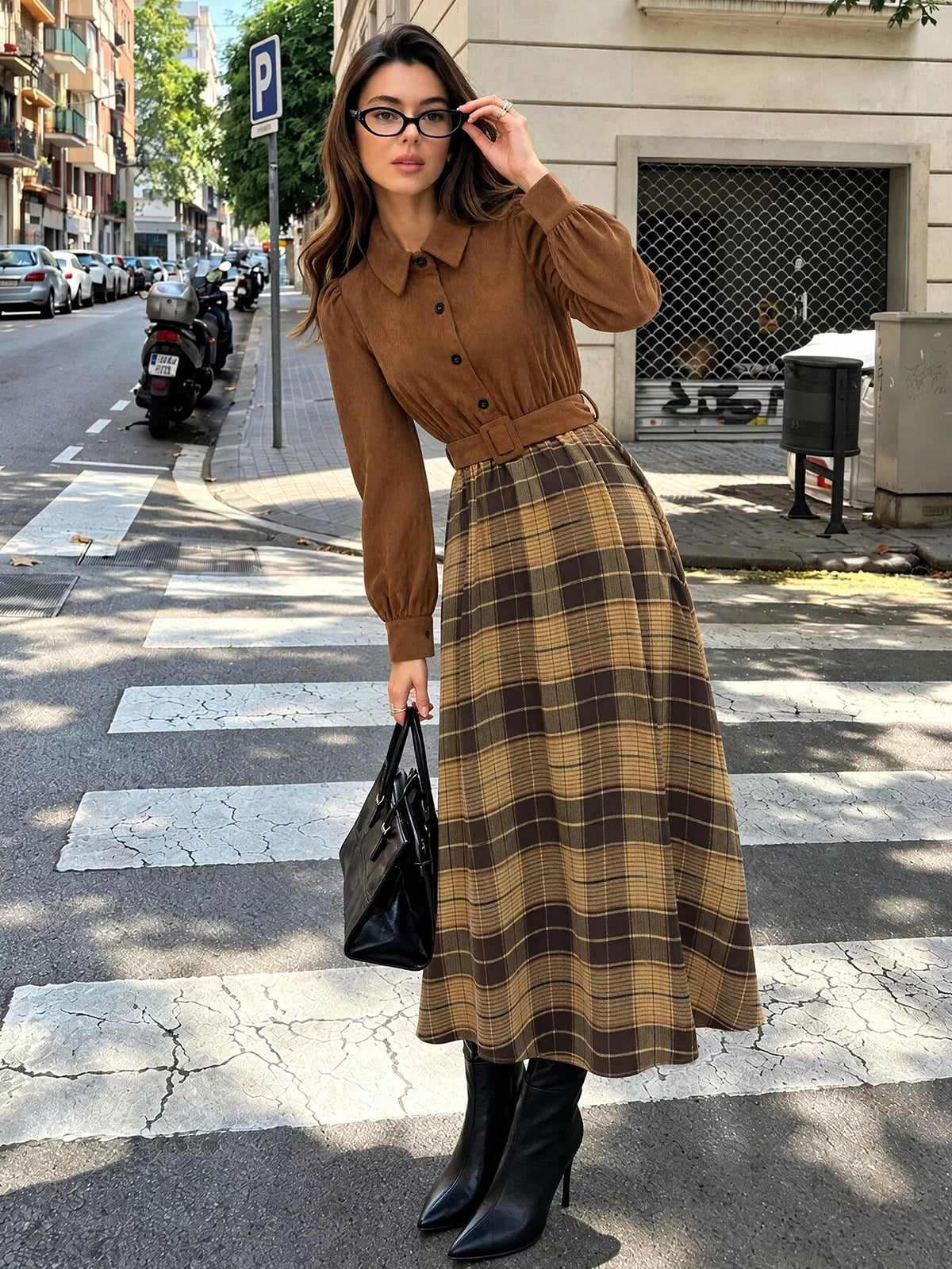 corduroy patchwork plaid midi dress – buttoned,belted | dropsona - neutral - material texture