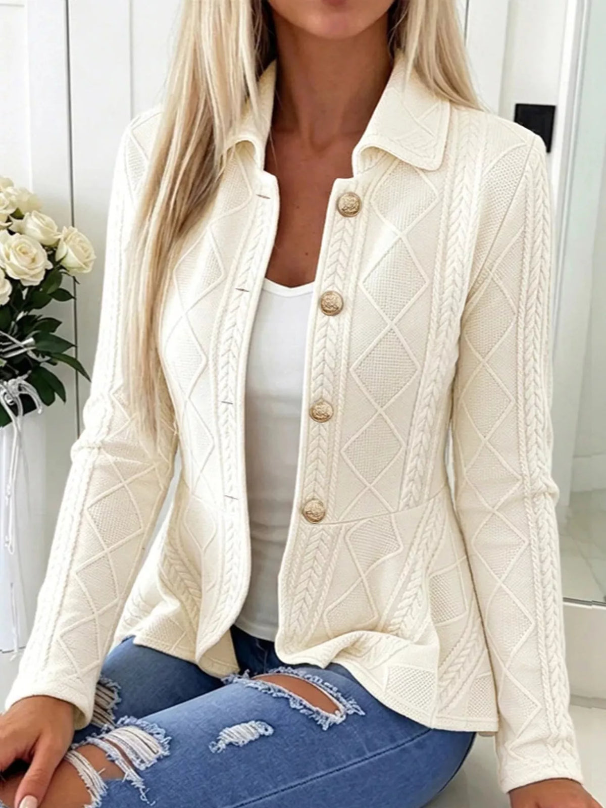 cable-knit button up cardigan | dropsona polyester 100% - neutral - size reference