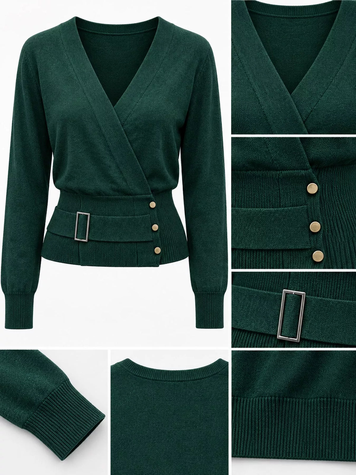 surplice elastic waist long sleeve knit top | dropsona - neutral - close-up detail
