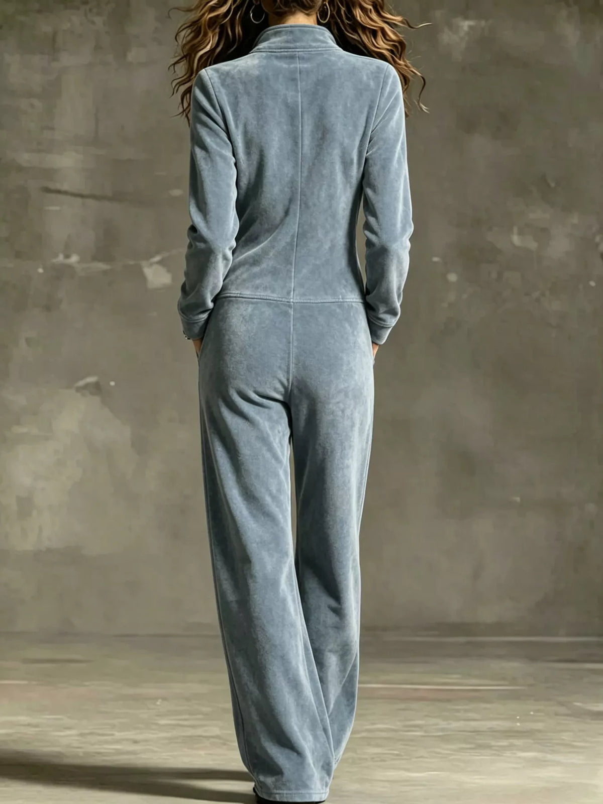 full size chic velour zip-up jumpsuit with pockets | dropsona - neutral - front view