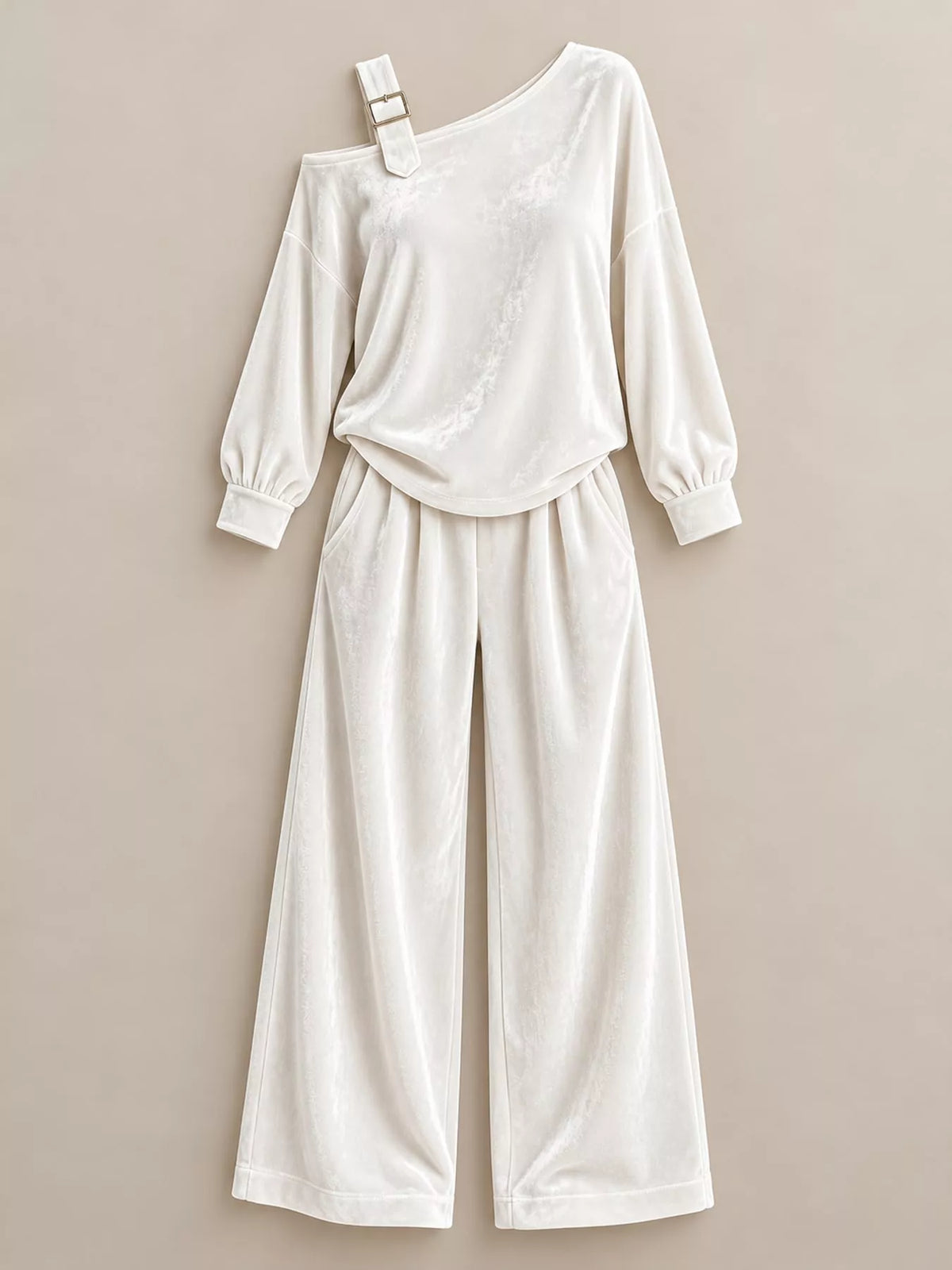 asymmetrical neck top and pants set | dropsona - neutral - material texture