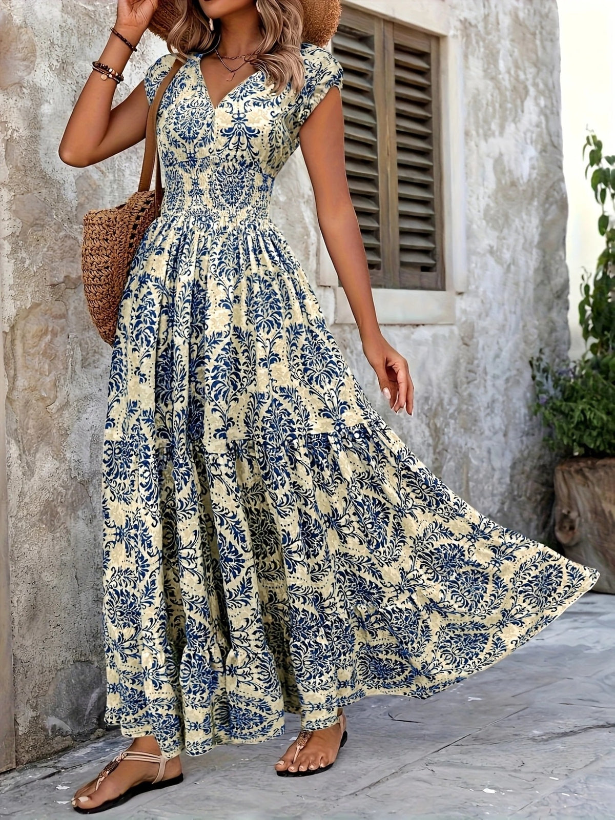 printed cap sleeve maxi dress – tiered,smocked | dropsona - neutral - usage example