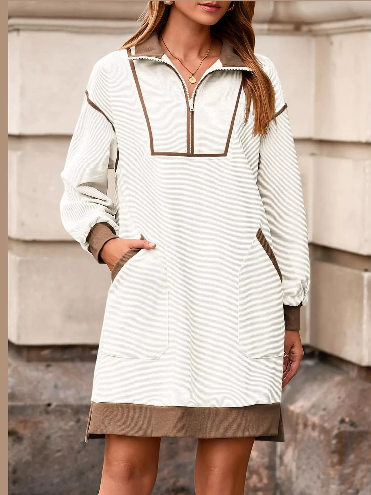 color block quarter-zip sweatshirt dress | dropsona - neutral - front view