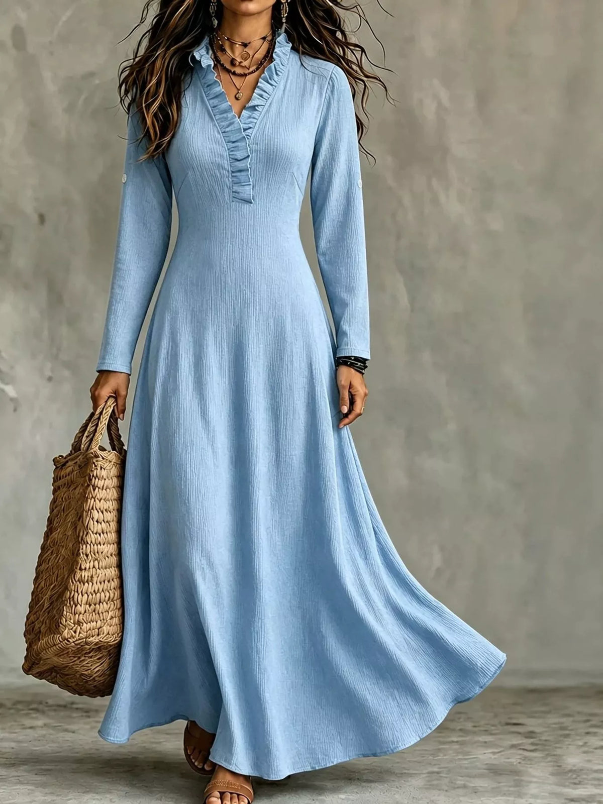 full size frill roll-up sleeve maxi dress plus | dropsona - neutral - front view