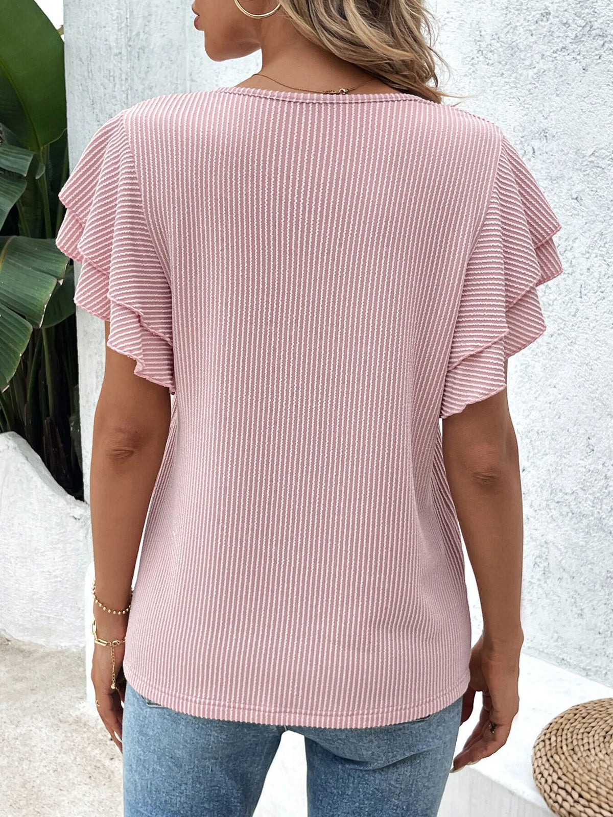 ribbed flutter sleeve t-shirt – ribbed,ruffled,layered | dropsona - neutral - front view