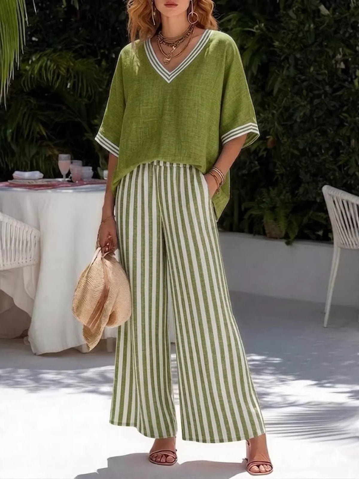 full size v-neck striped top and pants two-piece set | dropsona - neutral - size reference