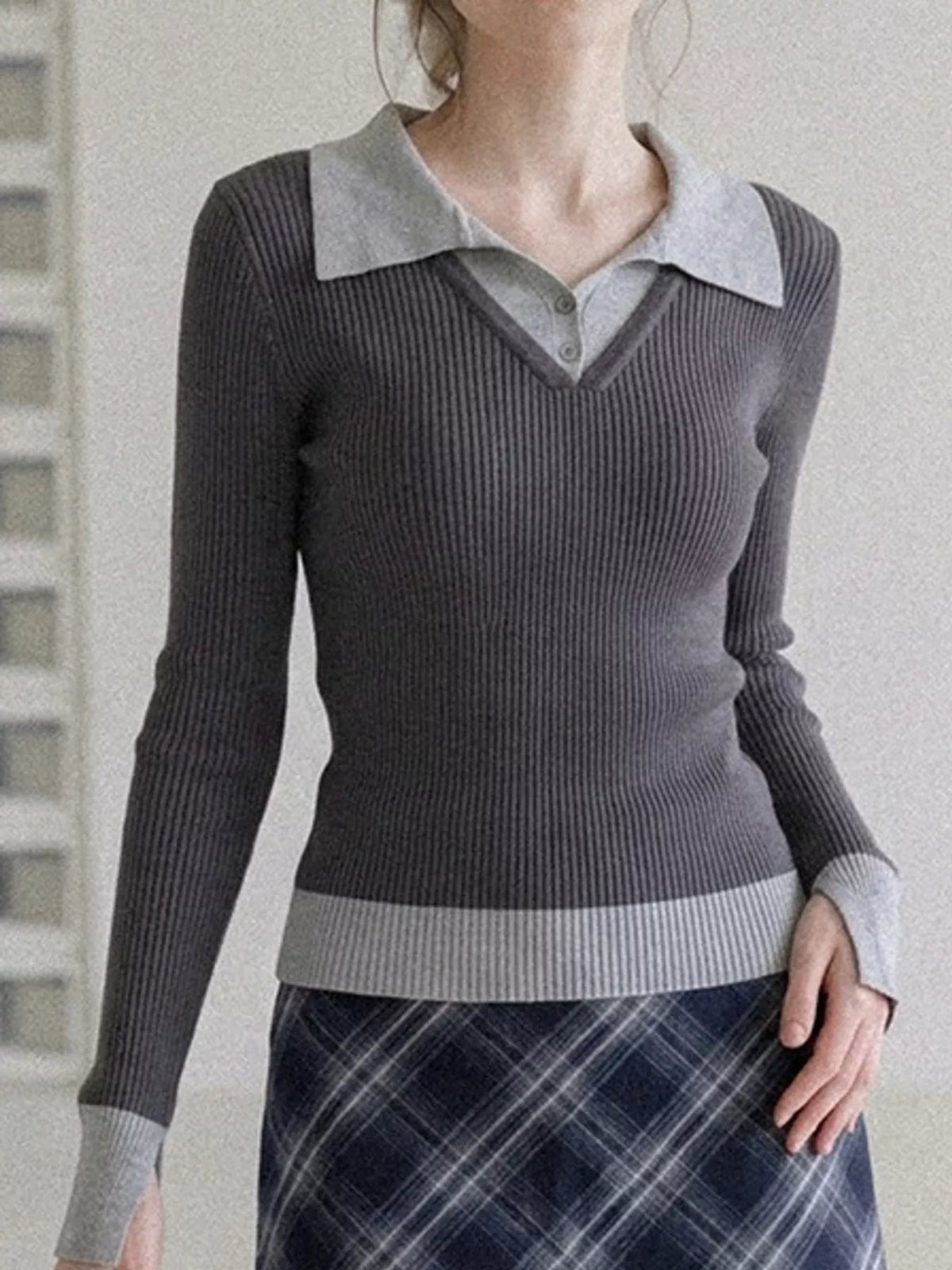 contrast collar ribbed knit top with button detail | dropsona - neutral - close-up detail