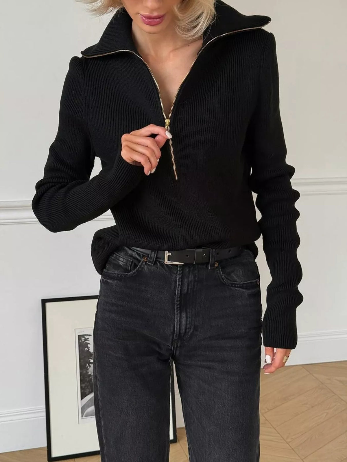 ribbed knit quarter-zip sweater – zipper | dropsona - neutral - front view