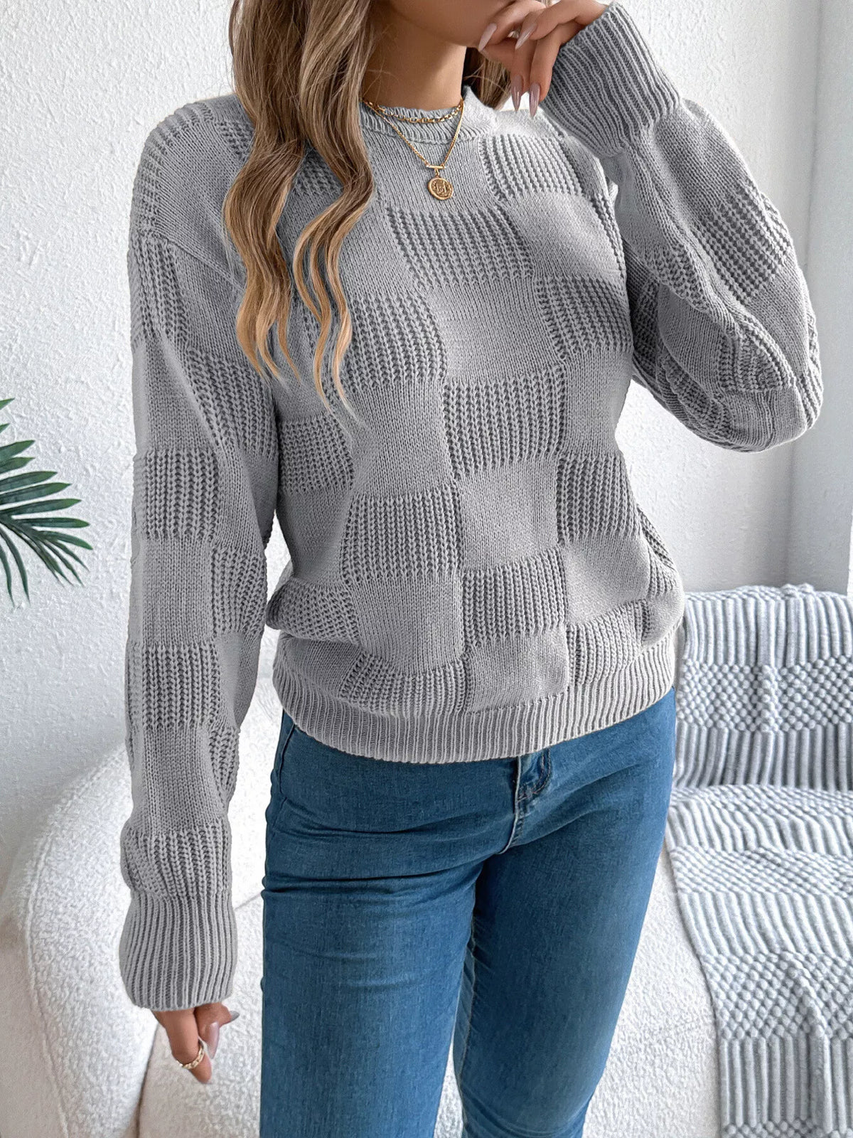 checkerboard textured knit sweater | dropsona - neutral - close-up detail