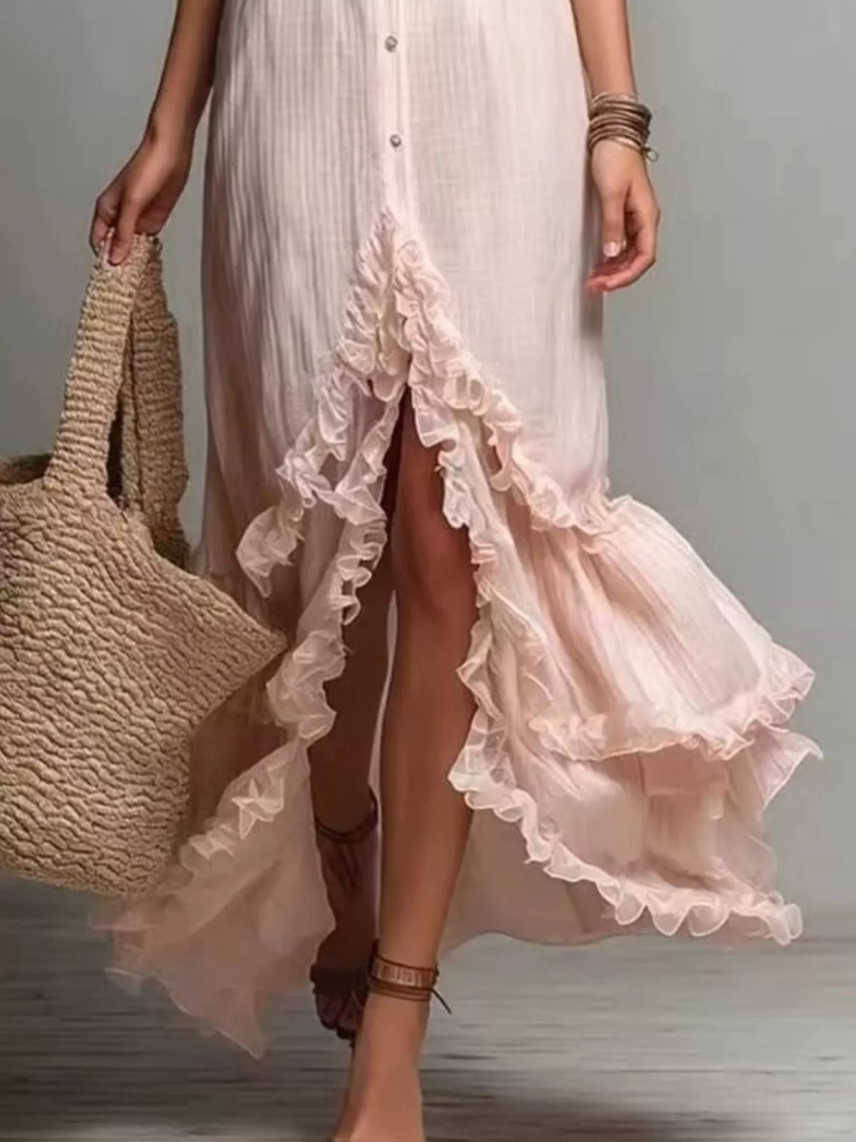 boho chic button-down ruffled high-low maxi dress | dropsona - neutral - close-up detail