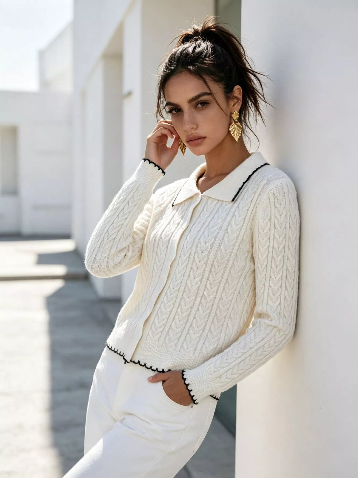 cable knit polo collar button-up cardigan | dropsona - neutral - front view
