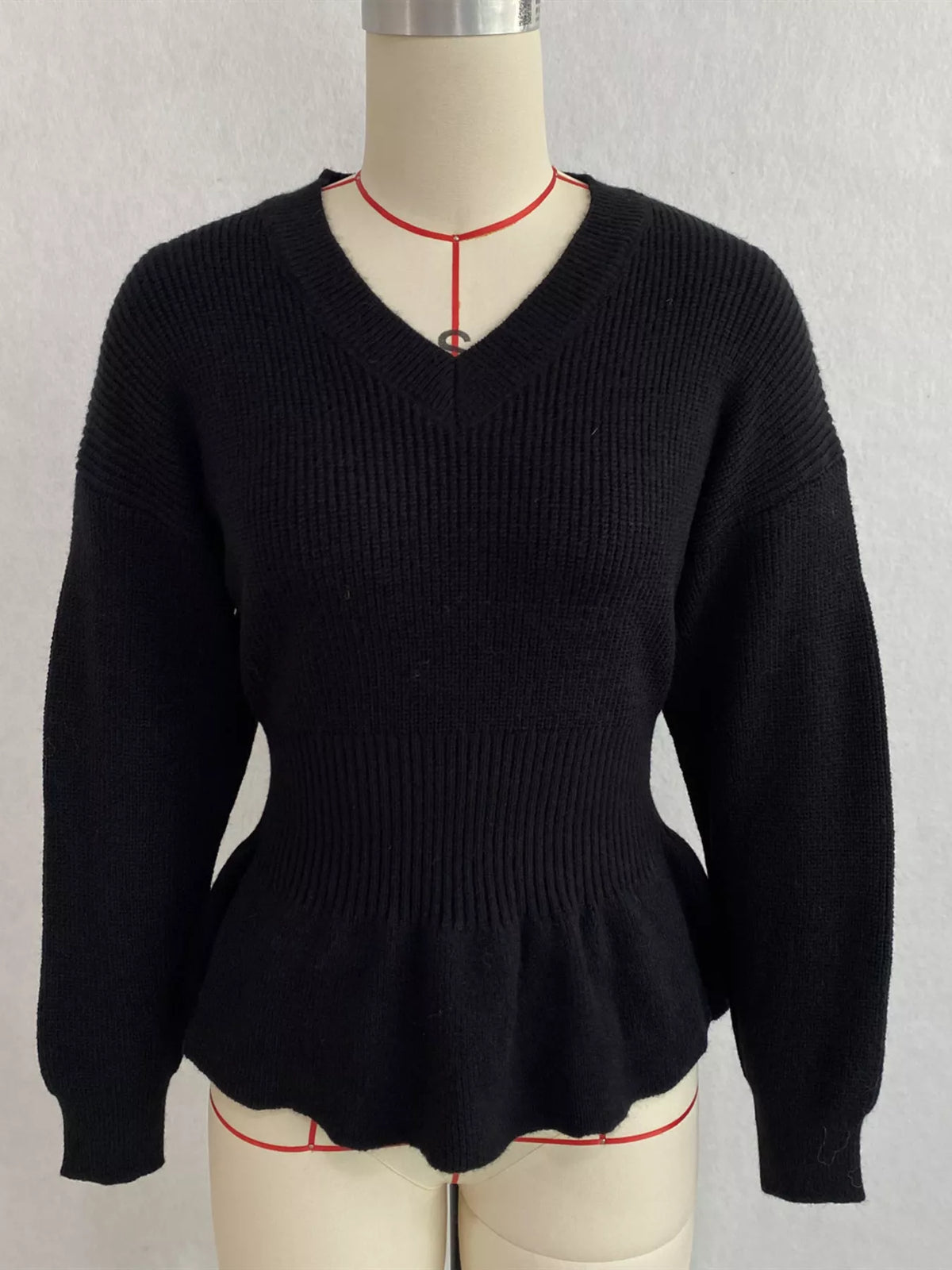 v-neck peplum hem ribbed knit top – | dropsona - neutral - front view