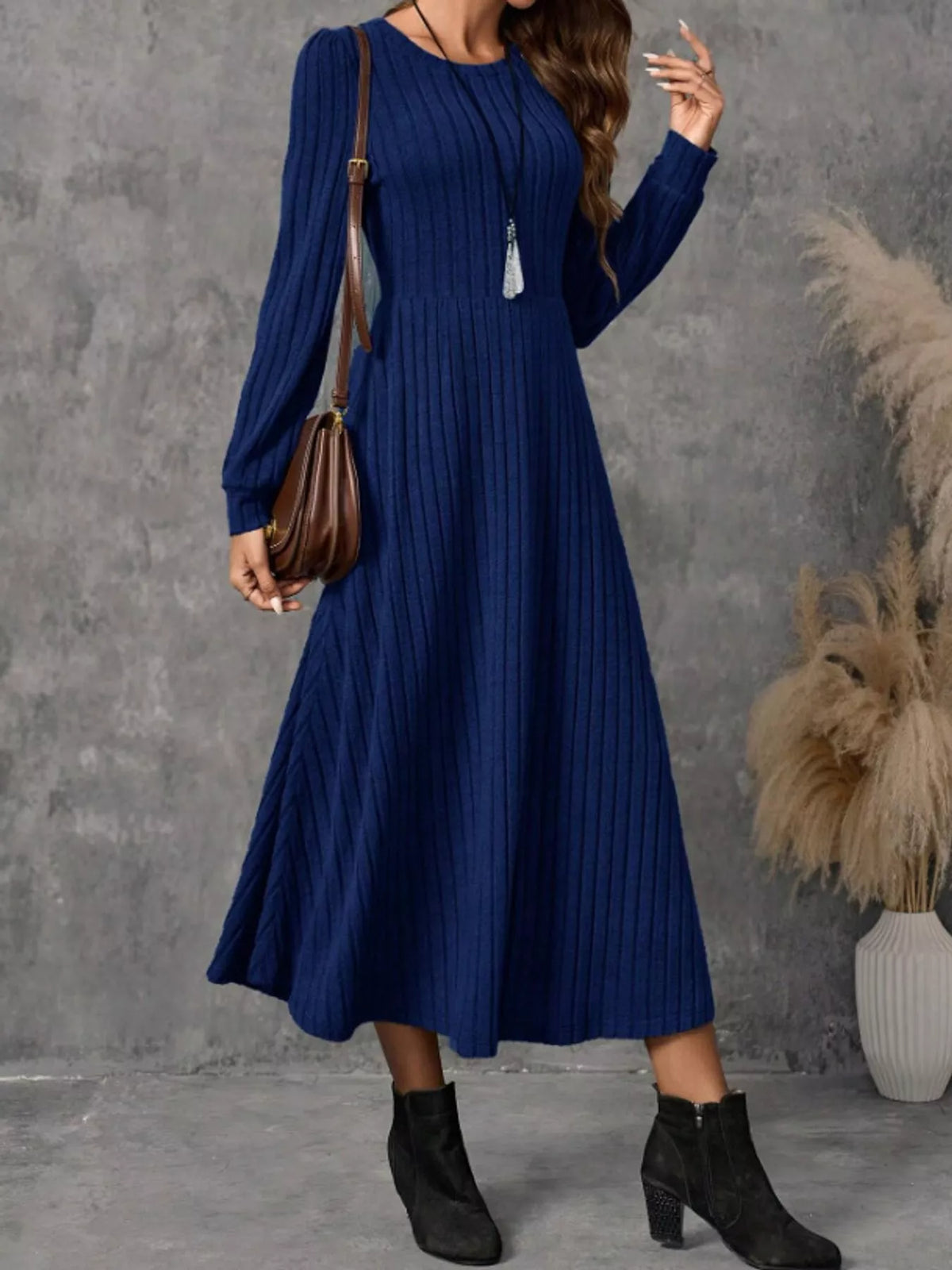 ribbed knit long sleeve a-line midi dress – | dropsona - neutral - size reference